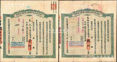 山東濟南成通紡織股份有限公司股票共2枚不同，詳分：1932年拾股計通用洋壹仟元、1937年玖股計通用洋玖佰元，票上董事苗星垣（桓臺人）為工商實業家，曾任濟南市政協常委，背印股票簡章等；八成新