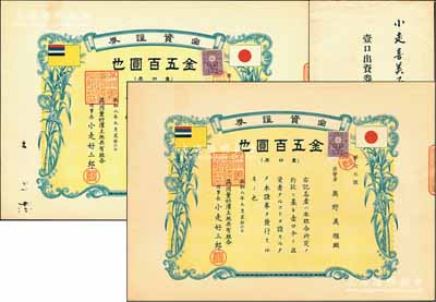 昭和八年（1933年）滿洲董好濱土地共有組合出資證券共2枚連號，均為壹口券金五百圓，上印日、滿雙國旗，形制美觀，且附帶原封套；偽滿洲國哈爾濱老股票，罕見，九成新