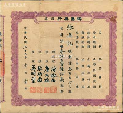 民國三十七年（1948年）慎昌藥行股票，叁百五拾六股計法幣叁仟五百陸拾萬圓；該藥行屬藥材批發行，址設杭州望仙橋，以經營禹州藥材為主；杭州中藥業老股票之罕見品，亦屬首度公諸于陽明拍賣，近八成新