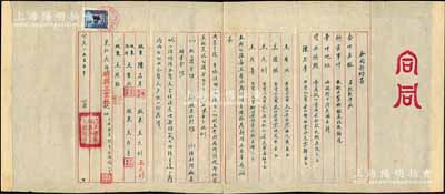 1955年天津“正記軋片廠”合同1份，該廠主營軋鐵片、制鐵锨及化軋銅片事業，址設西關街十間房，資本總額19179.83元，內中詳列各股東出資狀況、人事任命及盈余分配等情；其合同結尾之年份下蓋有“抗美援朝、衛國保家、支援前線”之戳記，甚是特殊；保存甚佳，敬請預覽