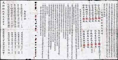 光緒拾玖年（1893年）廣東順德縣（今佛山）“永安墟”股份合同一份，事為“菱溪鄉(xiāng)黃府沙處村鄉(xiāng)附近來(lái)往如云，設(shè)一墟場(chǎng)（即集鎮(zhèn)或市集），以便貿(mào)易；取名永安者，所以永聚三江之貨物，安居四境之客商”，故眾人特集股“壹拾捌大股計(jì)銀壹佰零伍兩”，內(nèi)中開(kāi)列各股東之股份明細(xì)，且詳列公議約定14條，內(nèi)容極為詳盡；是項(xiàng)老股票，其票幅竟達(dá)1360×690mm，乃屬迄今所見(jiàn)票幅最為巨大的傳統(tǒng)式老股票，