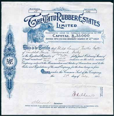 清代1910年（英商）威都橡膠置業(yè)公司股票，面額50股（每股2先令）；海外藏家出品，或與清末“橡皮股票風(fēng)潮”相關(guān)，罕見(jiàn)，八成新
