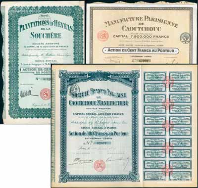 法商“橡皮股票”3種，詳分：1913年巴黎橡膠公司股票，1股計(jì)100法郎；1917年英法橡膠制造公司股票，1股計(jì)100法郎；1927年（法屬南圻）蘇切雷橡膠種植園股票，1股計(jì)100法郎，該公司位于西貢；海外藏家出品，八至九成新