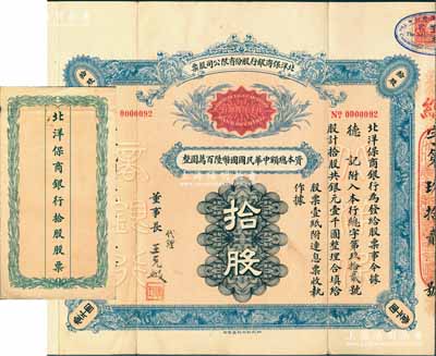 民國十二年（1923年）北洋保商銀行股份有限公司股票，拾股計銀元壹千圓，由董事長王克敏親筆簽名，背印章程摘要，且附帶有息票及原封套，另附1926年“北洋保商銀行支付民國十四年份正息紅利清單”、1928年“北洋保商銀行支付民國十五年份股利清單”；此乃中國北方之著名商業銀行，歷史意義厚重，著實堪稱中國銀行業老股票之大珍品，八五成新，值得推重和珍視