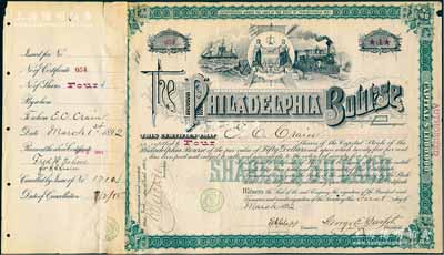 1892年費城交易所股票，4股計200美元，上印標(biāo)志和火車輪船圖，附貼有存根；該交易所成立于1790年，是美國最古老的股票交易所之一，至2007年被納斯達(dá)克所收購；據(jù)美國出品藏家相告，此種100年前的早期版交易所老股票存世極為珍罕，誠可遇而不可求也，七成新