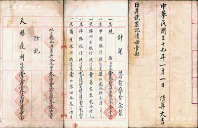 民國三十七年（1948年）《日昇號宏記清冊壹部》，內(nèi)中詳列現(xiàn)存、外該、存貨、外欠、入本、該外、獲利等各項賬目明細，其往來客戶涉及中國銀行、錦熱銀行、山西同鄉(xiāng)會及諸多商號等；該號由山西晉商開設于遼寧錦縣，此股份年結冊內(nèi)容豐富，保存甚佳，敬請預覽