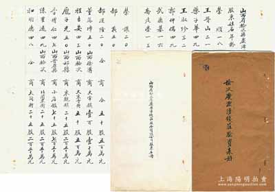 民國37年（1948年）山西《榆次慶源湧錢莊驗資表冊》1冊，內(nèi)含：①“股東名冊”1份，詳列27名股東及出資狀況等情，合計1000股資本1億元；②“日計表”和“資產(chǎn)負債平衡表”各1份、“資產(chǎn)目錄表”8份、“負債目錄表”7份；保存甚佳，敬請預覽