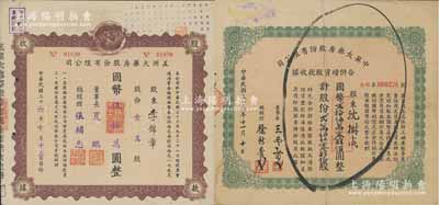 民國三十六年（1947年）上海老字號藥房股票共2種，詳分：中英大藥房股份有限公司合并增資股款收據，25040股計國幣250400元；1947年五洲大藥房股份有限公司股款收據，壹萬股計國幣五拾萬圓；均屬海上聞人黃楚九氏所創辦，八成新