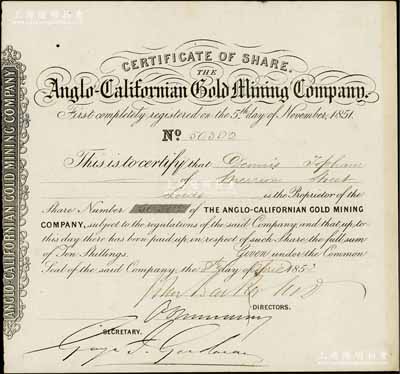 1853年盎格魯-加州金礦公司股票，1股計10先令；自1849年美國加州發現金礦后，迅速掀起淘金熱，隨后大量廣東同胞前往舊金山淘金，到1851年時中國移民已多達2.5萬人；此股票乃加州“淘金”歷史之見證，極富意義；海外藏家出品，罕見，八五成新