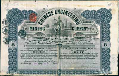 1921年英商開平礦務局股票，8股計8英鎊，附帶有息票，內(nèi)有水印，八成新