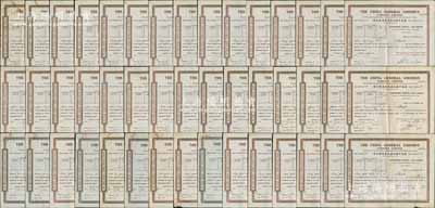 1940至1941年英商中國公共汽車有限公司股票共45枚，面額均為100股（每股銀10兩），內(nèi)有水印，另附股票過戶書10份；該公司乃屬老上海著名之外商企業(yè)，源于上海某家族之遺存，七至九成新，敬請預(yù)覽和重視