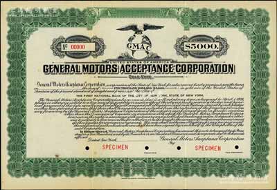 1926年（美國）通用汽車公司綠色5000美元金債券樣本，雕刻版印制；該公司乃世界汽車工業(yè)巨頭，2018年位居世界500強第21名，其出品之別克、雪佛蘭、凱迪拉克等品牌均家喻戶曉；美國藏家出品，罕見，八五成新