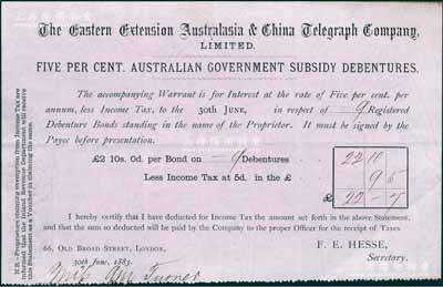 1883年英商大東電報公司股息收據1枚，內有水印；該公司在英國駐華公使、著名漢學家威妥瑪的倡導下成立，曾一度壟斷中國電報業務，但其老股票實物迄今未見；英國藏家出品，罕見且屬首度公諸于拍賣，八成新