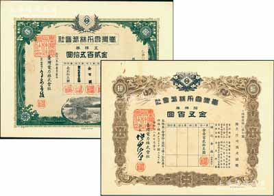 臺灣電力株式會社株券2種，詳分：大正八年（1919年）五株券金貳百五拾圓、昭和拾八年（1943年）拾株券金五百圓，兩者圖案各不相同，均有水印，九至九五成新