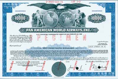 1969年（美國）泛美航空公司10000美元債券樣本，至1989年到期，年息5.25%，雕刻版印制精美；此乃世界早期最著名航空公司，至1991年倒閉后，由2018年世界500強第266名達美航空所收購；美國藏家出品，少見，全新