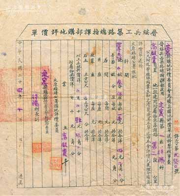 民國二十四年（1935年）“晉綏兵工筑路總指揮部購地評價單”1張，由太原綏靖公署購地評價委員、定襄縣購地評價委員會縣政府委員共同評估核準；此乃閻錫山修建同蒲鐵路之歷史實證，極具收藏和研究價值，保存較佳，敬請預覽