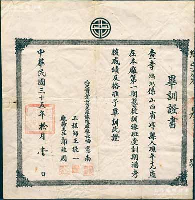 民國三十五年（1946年）“西北實業(yè)公司太原織造廠”畢訓(xùn)證書1張，發(fā)給本廠第一期藝徒訓(xùn)練班學(xué)員李鴻弼氏，由廠長曲憲南等簽署；西北實業(yè)公司屬閻錫山創(chuàng)辦之“人民公營事業(yè)”，統(tǒng)制山西全省官辦工礦企業(yè)，也是山西最大的官僚資本；八成新