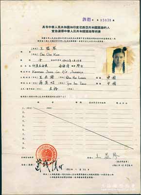 1962年“具有中華人民共和國和印度尼西亞共和國國籍的人宣告選擇中國國籍聲明表”1份，由王溫琴氏選擇保留中國國籍、放棄印尼國籍，蓋有“中國駐印尼大使館泗水臨時辦事處”公章；此乃印尼排華時期之珍貴史料，保存甚佳，敬請預(yù)覽