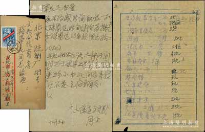 1959年12月5日著名錢幣收藏家戴葆庭致京城錢幣名家駱澤民信札一通，事為商討新疆餉銀等之收購價，另附錢幣售價清單一份（如黎元洪帶帽銀幣售價3元、16年陵墓壹圓銀幣售價15元等），頗具時代之見證；源于京城前輩名家駱澤民先生之遺存，附帶原信封，保存甚佳，敬請預(yù)覽和珍視