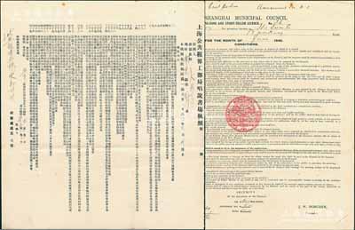 1940年“上海公共租界工部局唱說書場執(zhí)照”1份，發(fā)給南京路大新公司（The Sun Co., Ltd.,老上海四大百貨公司之一），中英文雙面印刷；此種老上海百貨公司內(nèi)的娛樂業(yè)營業(yè)執(zhí)照存世極為罕見，保存甚佳，敬請預(yù)覽