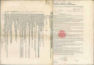1940年“上海公共租界工部局馬戲場、臨時市場、跳舞場及其他公共游戲場執(zhí)照”1份，發(fā)給南京路大新公司（The Sun Co., Ltd.,老上海四大百貨公司之一），中英文雙面印刷；此種老上海百貨公司內(nèi)的娛樂業(yè)營業(yè)執(zhí)照存世極為罕見，保存甚佳，敬請預(yù)覽