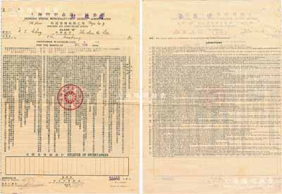 1944年“上海特別市第一區(qū)公署改財(cái)政局唱說書場執(zhí)照乙等”1份，發(fā)給南京路大新公司（The Sun Co., Ltd.,老上海四大百貨公司之一），中英文雙面印刷；此種老上海百貨公司內(nèi)的娛樂業(yè)營業(yè)執(zhí)照存世極為罕見，保存甚佳，敬請預(yù)覽