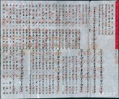 同治六年新正月（1867年）“李記·廣興成”合算大吉總清單一份，內(nèi)中開列原本錢、現(xiàn)存獲股錢、該外浮存錢、股利錢、四年獲利錢等各種賬目明細(xì)，屬傳統(tǒng)股份商號之年終結(jié)算清單；內(nèi)涵豐富，保存尚佳，敬請預(yù)覽
