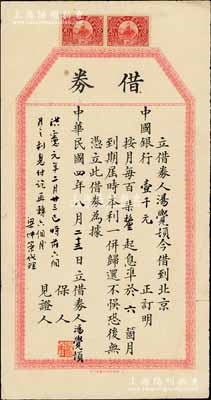 民國四年（1915年）北京中國銀行“借券”1張，由湯覺頓（即湯睿，康有為門生，曾任中國銀行總裁）向北京中國銀行借到壹千元，訂明月息7厘，準6個月到期歸還本利，由湯覺頓親筆簽名；左側有墨批“洪憲元年2月23日已將前六個月之利息付訖，再轉六個月”，由梁仲策（梁啟超之弟）代理書寫；此種名人之借券（前中國銀行總裁向本行借款）存世極為罕見，且涉及洪憲帝制神奇，值得珍視和研究，近八成新