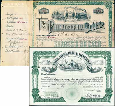 1892年費城交易所股票，4股計200美元，上印標(biāo)志和火車輪船圖，附貼有存根；該交易所成立于1790年，是美國最古老的股票交易所之一，至2007年被納斯達克所收購；據(jù)美國出品藏家相告，此種100年前的早期版交易所老股票存世極為珍罕，誠可遇而不可求也，七成新（另附：1967年費城交易所股票樣張1枚，雕刻版印制精美，源于美國鈔票公司之檔案外流）