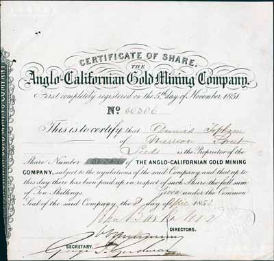 1853年盎格魯-加州金礦公司股票，1股計10先令；自1849年美國加州發(fā)現(xiàn)金礦后，迅速掀起淘金熱，隨后大量廣東同胞前往舊金山淘金，到1851年時中國移民已多達2.5萬人；此股票乃加州“淘金”歷史之見證，極富意義；海外藏家出品，罕見，八五成新