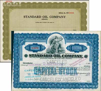 1922年美孚洋行（即美孚石油公司）股票，面額80297股（每股25美元，面額巨大），另附其1954年雕刻版股票樣張1枚；該公司今稱標準石油公司，1870年由洛克菲勒創(chuàng)建于美國俄亥俄州，1894年來華營業(yè)，由近代商業(yè)巨子葉澄衷訂約包銷其所產(chǎn)石油，在中國各大城市均設有分號或代理處，成為在華最大的石油公司；海外藏家出品，罕見，八成至全新