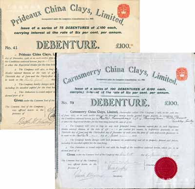 中國黏土公司債券共2種不同，詳分：1912年100英鎊、1914年100英鎊，均內有水印，屬清代早期進入上海的外商企業，此債券各僅發行75張和100張，可見其存世之罕見；黏土屬硅酸鹽礦物質，專門用來制造陶瓷；英國藏家出品，八五成新