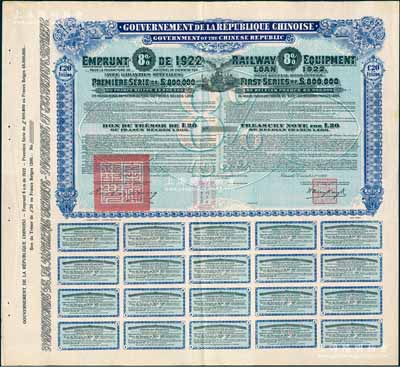 1922年中華民國政府對外發(fā)行購買（包寧）鐵路設(shè)備債券20鎊=1200比利時法郎庫存?zhèn)浞萜保o號碼），用于債券持有人丟失后補換，在比利時發(fā)行，附帶完整息票；罕見，八五成新（注：據(jù)德國高文著《中國對外債券》記載，其發(fā)行量僅為250張）