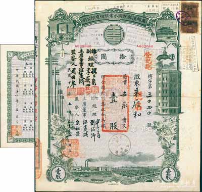 民國十八年（1929年）商辦漢鎮既濟水電股份有限公司股票，灰綠色壹股計國幣拾圓，票上公司領導之姓名分別改印為劉少巖（宋子文同學、慎昌洋行買辦）、李荻心、汪書城（曾任湖北省政府委員兼民政廳長）、周伯皋，甚是特別；中國近代著名之民族企業，此種圖案股票之第二版簽名券，且附帶原“權利附屬證券”1張，少見，八成新