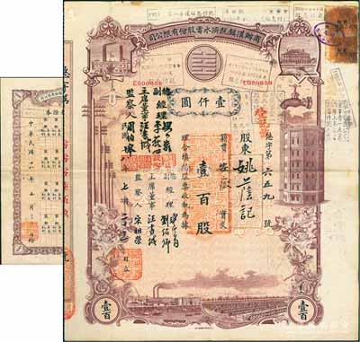 民國十八年（1929年）商辦漢鎮既濟水電股份有限公司股票，棕色壹百股計國幣壹仟圓，票上公司領導之姓名分別改印為劉少巖（宋子文同學、慎昌洋行買辦）、李荻心、汪書城（曾任湖北省政府委員兼民政廳長）、周伯皋，甚是特別；中國近代著名之民族企業，此種圖案股票之第二版簽名券，且附帶原“權利附屬證券”1張，罕見，八成新