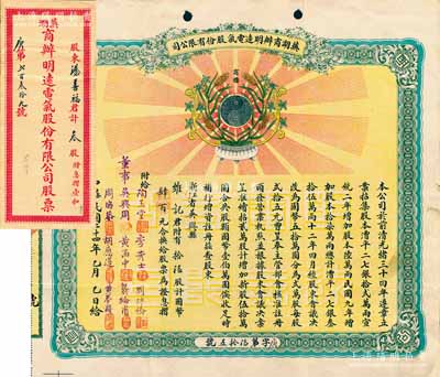 民國二十四年（1935年）蕪湖商辦明遠電氣股份有限公司股票，拾陸股計國幣肆百元，上印黑白月亮之注冊商標，票上董事吳興周（徽州績溪人）乃公司創始人，被譽為“徽商巨子”；該公司乃安徽省第一家民族電力企業，“明遠”是中國電力迄今仍在使用的民族品牌；附帶有封套，罕見，八五成新