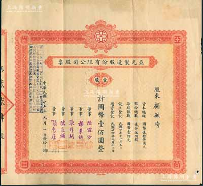 民國廿五年（1936年）亞光制造股份有限公司股票，壹股計國幣壹佰圓，其承購股東顧毓琦氏乃上海名醫（曾任同德醫學院院長），而票上董事張叔馴乃“南潯四象”張氏家族子弟、中國古錢幣收藏一代宗師；該公司以生產電器膠木、電玉產品而著稱，1956年公私合營后，易名亞光膠木廠；罕見品，八成新
