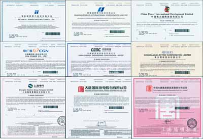 2020年香港上市之中國著名電力企業股票9種，詳分：華能國際電力、華電國際電力、中國電力國際發展、中國廣核電力、中國能源建設、東方電氣、上海電氣、大唐國際發電、中國大唐集團新能源股份有限公司，面額均為1股，內有水印，九八成新