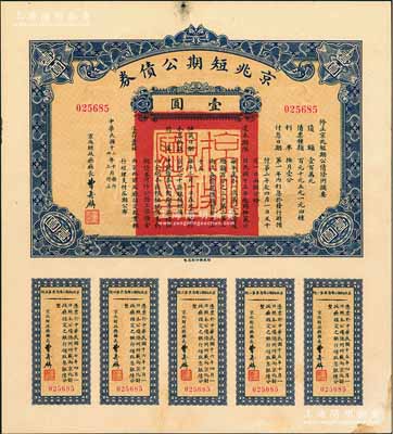 民國十三年（1924年）京兆短期公債券壹圓，屬北洋政府老北京之市政公債，由京兆財政廳長曹壽麟簽發，附帶完整息票，少見，未折九成新