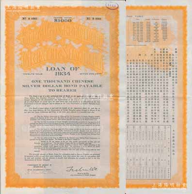 民國二十三年（1934年）上海市市政公債壹仟元，正面英文，背面有中文，由上海市市長吳鐵城簽名、新豐洋行葛勃生等，附帶有息票；少見，八五成新