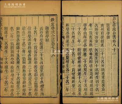 清代科舉文獻共2冊，詳分：①《欽定學政全書·卷七十八·湖南學額》1冊，內錄湖南省長沙、岳州、衡州、永州、寶慶、辰州、常德、沅州、永順共九府和郴州、靖州、澧州、桂陽四直隸州及所轄各縣之生員（即秀才）學額，并開列順治十六年至嘉慶十一年間之學額調整詳情；②《欽定學政全書·卷八十一·廣東學額》1冊，內錄廣東省廣州、韶州、惠州、潮州、肇慶、高州、雷州、廉州、瓊州共九府和嘉應州、連州、羅定