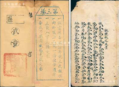 清代試卷共2份，詳分：①“湖濱文社”試卷1份，其考題為“敘晚秋之風景”，上有批注；②山東平度州“武童”空白試卷1份，鈐有滿漢文官印，且背印第三場考試規則，要求“三代清白、按常避諱、三鼓入室三鑼交卷及番役子孫考武場免試文場”等；此乃清代科舉之歷史實物，其中“武童”類較為少見，保存尚佳，敬請預覽