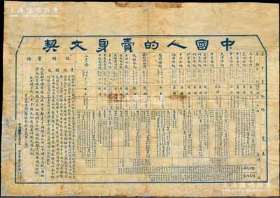 民國十七年（1928年）中國國民黨山西省黨務(wù)指導(dǎo)委員會(huì)宣傳部印“中國人的賣身文契”一張，尺寸550×770mm，上印近代中國與侵華列強(qiáng)簽訂的一系列“不平等條約一覽表”，從1842年“南京條約”起，至1915年“二十一條”止，包括虎門條約、中美條約、中法條約、天津條約、北京條約、愛琿條約、煙臺(tái)條約、伊犁條約、馬關(guān)條約等22種，且均標(biāo)明簽約國、原因、內(nèi)容、附注等詳情，極富教育和鞭策