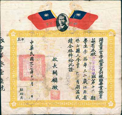 民國三十七年（1948年）“陸軍軍官學校（即黃埔軍校）軍官訓練班畢業證書”1張，發給第一軍官訓練班第十六期學生碭山籍李騰，由校長關麟征（國民黨名將，黃埔軍校第二任校長）簽發；此種黃埔軍校畢業證書存世頗為稀見，保存尚佳，背有貼痕，敬請預覽（另附：關麟征將軍同鄉兼部下閻寶璽氏信札1通共7頁，內為介紹關麟征將軍生平等情，附帶原信封）