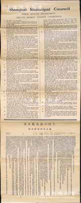 民國時期上海工部局衛生處“私立菜場執照章程”1張，特大型390×1010mm，中英文印制，詳列章程33條；如此大型之執照章程，純屬難得稀見之佳品，保存較佳，敬請預覽