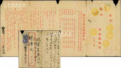 民國三十年（1941年）著名錢幣收藏家蔣伯壎從浙江麗水寄給京城錢幣名家駱澤民之郵簡一則，內(nèi)印“征求古錢金銀銅幣表”，內(nèi)容極為豐富，堪稱泉幣收藏歷史之佐證；源于京城前輩名家駱澤民先生之遺存，附帶原信封，保存甚佳，敬請預(yù)覽和珍視