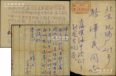 1961年2月25日著名錢幣收藏家馬定祥致京城錢幣名家駱澤民信札一通，事為收到駱氏寄來之（大明寶）鈔等情，且附3月3日駱氏回函之底稿1份，內(nèi)中商討出售大明寶鈔一百文、二百文等情，并言及三百文券情況等，內(nèi)容極為精彩；源于京城前輩名家駱澤民先生之遺存，附帶原信封，保存甚佳，敬請預(yù)覽和珍視