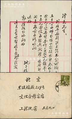 1962年著名錢幣收藏家沈子槎（浙江湖州籍）致京城錢幣名家駱澤民信札一通，事為因故不能去北京各民主黨派開會，望寄拓片以便購買，內(nèi)中且提及羅伯昭、“天佑背三”古錢等情；源于京城前輩名家駱澤民先生之遺存，附帶信封，保存尚佳，敬請預(yù)覽和重視