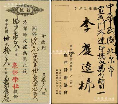 民國泉幣會社會員收據(jù)共2種，詳分：①1941年“中國泉幣學(xué)社”普通會員會費(fèi)收據(jù)1枚，發(fā)給北京錢幣名家馮少泉氏，由戴葆庭親筆簽發(fā)；該學(xué)社由近代錢幣收藏泰斗張叔馴、羅伯昭、戴葆庭等共同創(chuàng)立于1940年，先后發(fā)行《泉幣》雜志32期，是中國近代最具影響力之錢幣組織；②1942年（日本）東洋貨幣協(xié)會“會員領(lǐng)收證”（即會費(fèi)收據(jù)）1枚，發(fā)給京城錢幣收藏家李慶奎氏；源于京城前輩名家駱澤民先生之