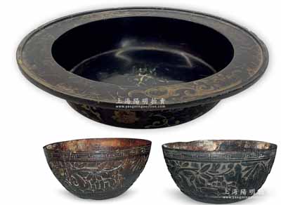 清代古物3件，詳分：①清代漆器木碗一個，直徑188mm，碗沿繪有祥云紋，碗身繪有花葉圖，造型典雅，且保存尚佳；②清代椰雕碗一對，碗以椰殼雕制而成，外壁采用壓地隱起技法雕刻花葉圖，形象逼真，圖案美觀，但因年代久遠，碗底已脫落；源于京城古玩名家駱澤民先生之遺存，敬請預覽